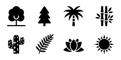 Obraz premium Black nature vector icons set featuring various plants and sun for ecology and environment designs.