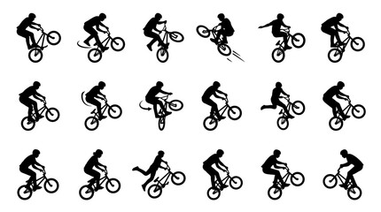 Fototapeta premium BMX bike stunts and bicycle trick icons set, extreme sport vector illustration