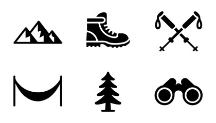 Fototapeta premium Mountain exploration icons set with trekking gear binoculars hammock and evergreen tree symbols.