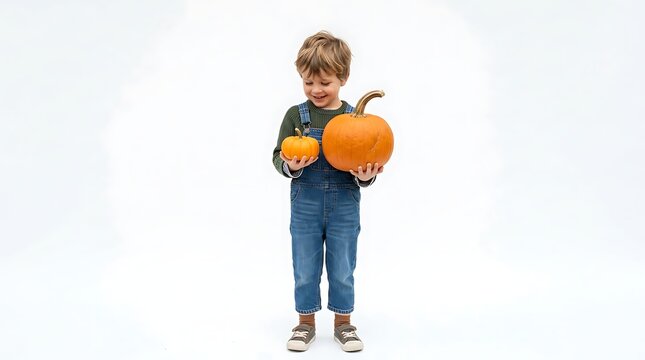 Young boy holding two different sized orange pumpkins while wearing denim overalls against white background with overalls green sweater pumpkin while smiling
