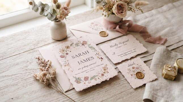 Elegant wedding invitation suite with floral details, blush pink stationary set on rustic wood, romantic bridal card mockup
