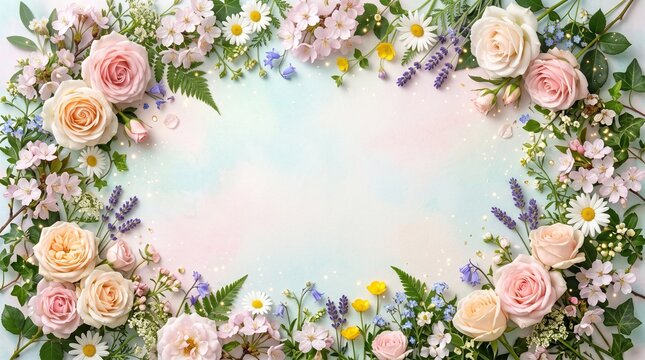 Beautiful pastel floral frame arrangement featuring soft pink roses and delicate spring wildflowers on a watercolor textured background