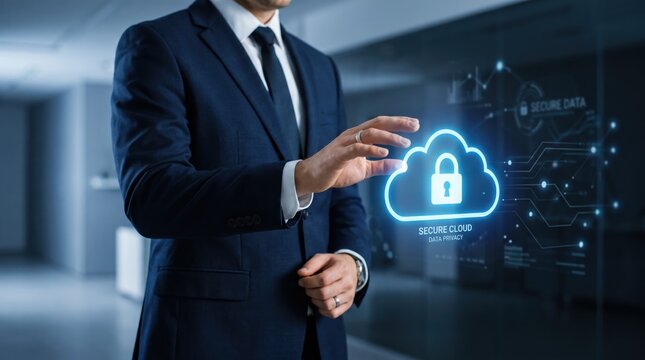 Businessman touching secure cloud data privacy icon on virtual screen, cybersecurity with lock symbol representing protected information storage and network safety management.