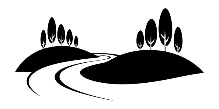 Black silhouette of a winding river or road between two small hills with trees on transparent background.