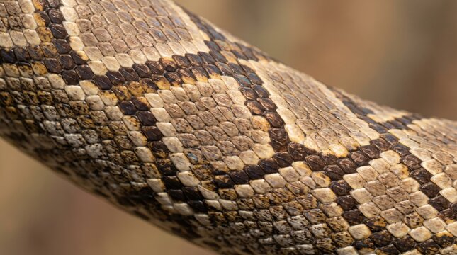 Detailed macro close up of snake skin texture with scales, natural pattern of reptile body, brown and beige colors, wildlife biology background