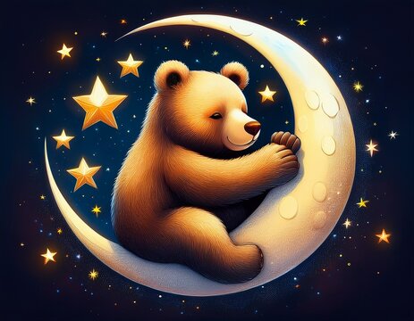 cuddly bear hugging crescent moon with stars