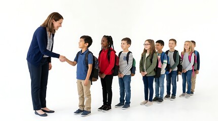 Obraz premium Teacher greeting young student with handshake while diverse children wait in line against background with female teacher shaking plain white background