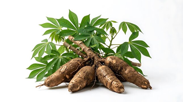 Fresh raw cassava roots with green leaves isolated on white background