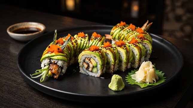 Luxury dragon sushi roll layered with avocado, grilled eel, tobiko and glossy unagi sauce, presented on black ceramic with refined Japanese restaurant styling.