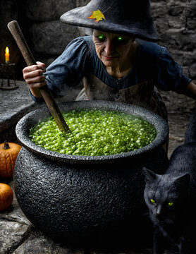 A witch dressed in black is preparing a potion to cast a spell for Halloween. Her black cat stands by her side.

