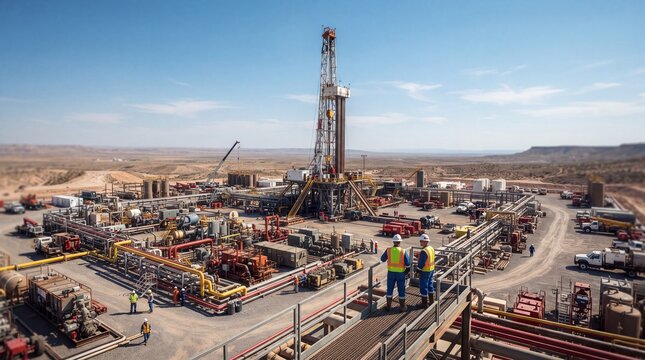 Aerial view of an active oil drilling rig and extraction site in a desert landscape