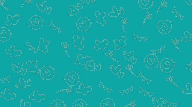 Seamless pattern background with cute hand drawn hearts and floral elements on teal.