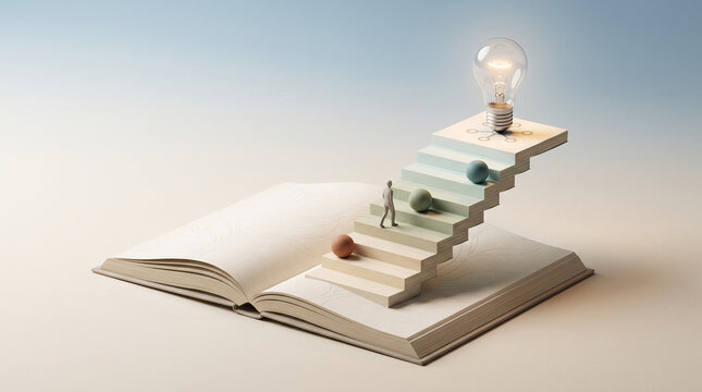 Educational journey to success featuring 3d staircase rising from open book with figure walking towards glowing idea lightbulb