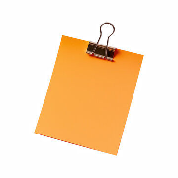 Orange Blank Note Paper with Metal Binder Clip Isolated on Transparent Background