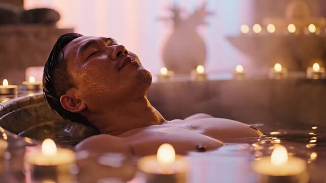 Relaxed Asian man resting in luxury spa bath with burning candles