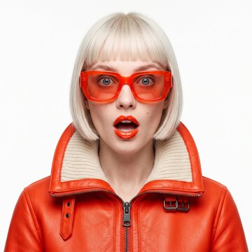 High fashion studio close-up portrait of blonde woman with surprised expression wearing bold red sunglasses and leather jacket