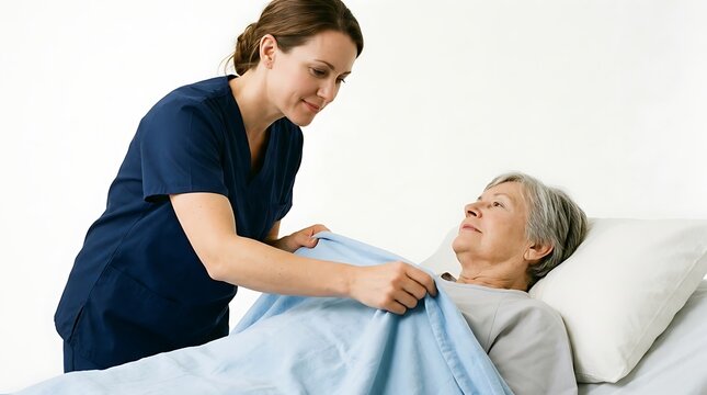 Compassionate caregiver tucking in elderly patient resting comfortably within bright clinical healthcare setting hospital bed environment with professional female caregiver