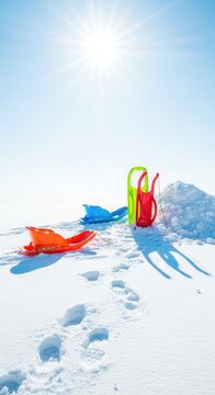 Escena invernal vibrante con trineos de colores, bolas de nieve amontonadas y huellas frescas sobre un manto blanco puro bajo el sol radiante, temporada, naturaleza, ocio