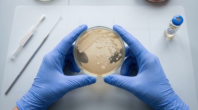 Gloved hands holding bacterial culture plate with colonies, microbiology laboratory testing, e coli sample analysis, medical diagnostic procedure, sterile environment research