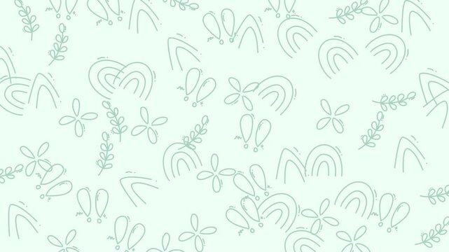 Seamless pattern with hand drawn rainbows and floral elements on a soft mint green background.