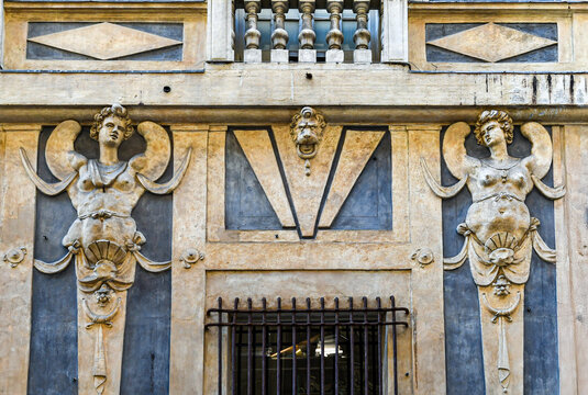 Renaissance architectural sculptures and caryatids on the facade of Palazzo Nicolosio Lomellino in Genoa, Italy