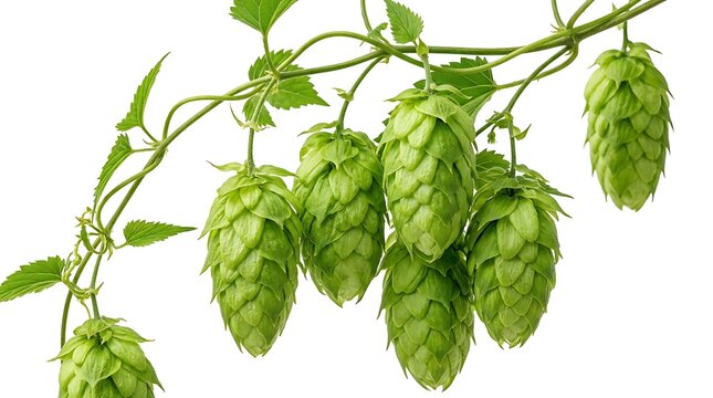 Fresh green hop cones on a vine branch isolated on white background