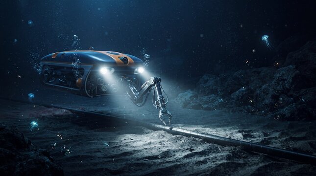 Autonomous underwater robot repairing communication cable on the deep ocean floor with glowing lights