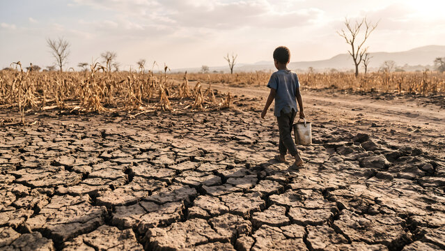 Young child walking across parched cracked earth in a dry farm field during severe drought and climate crisis