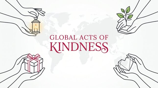 Outstretched human hands holding small gifts and glowing lantern icons to represent global acts of kindness across our vast world