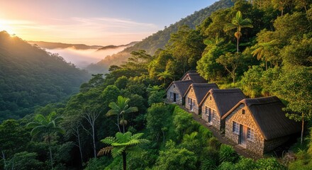 Fototapeta premium Small rustic stone cottages sit nestled within a vast valley of emerald hills and thick tropical forest under a soft morning mist at dawn, atmosphere, quiet, aerial