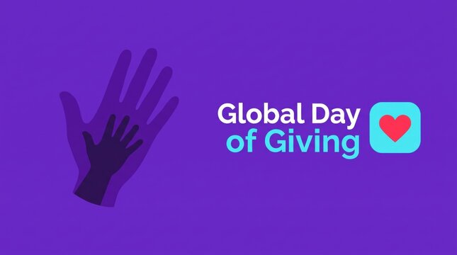 Global day of giving text featuring layered hand silhouettes and a vibrant red heart icon on a bold purple background