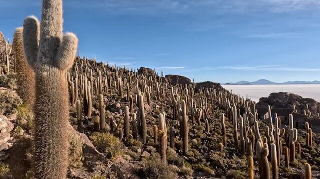 Panning view of isla incahuasi, an island covered in giant trichocereus cacti, revealing the vast expanse of the salar de uyuni salt flats. Uyuni salt flats, bolivia