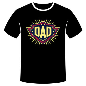 Vintage dad superhero t-shirt design, black cotton shirt with shield graphic, retro father's day apparel, heroic dad emblem clothing