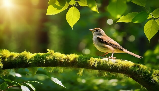 a small bird perched on a branch in a lush sunlit forest basking in the warm sunlight with fresh green leaves all around