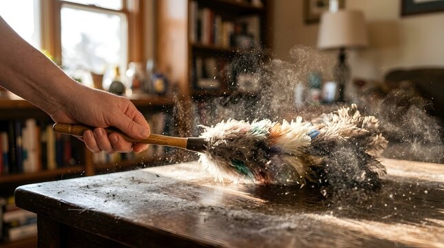Dust Clouds Rising While Feather Duster Cleans Wooden Table