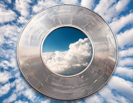 beautiful sky reflected in round mirror surrounded by soft clouds surreal concept