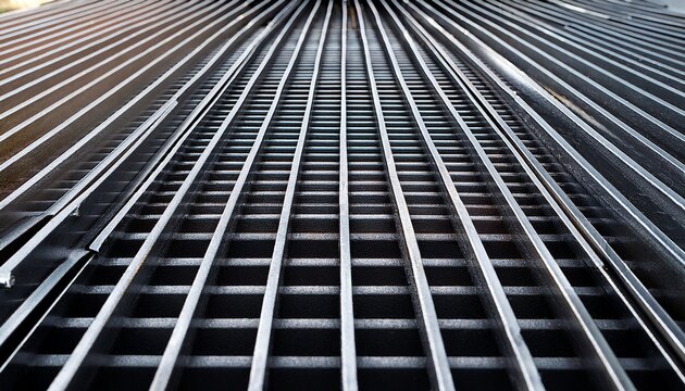 close up of an iron drainage grate with striped texture designed for industrial applications