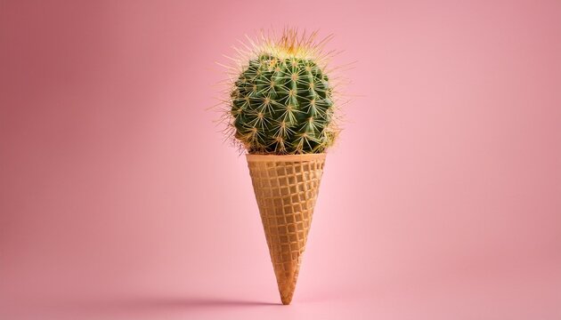 cactus in waffle cone on pink background for creative concepts surreal concept