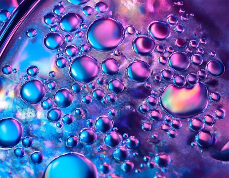 close up of fluid iridescent bubbles with pink and blue highlights