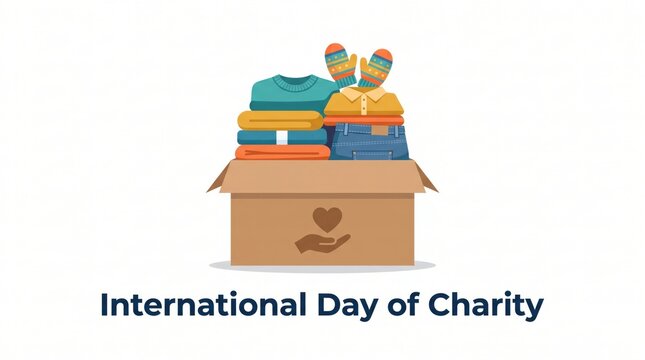 Cardboard box filled with folded warm winter clothes and colorful mittens for charitable donation during the international day of charity