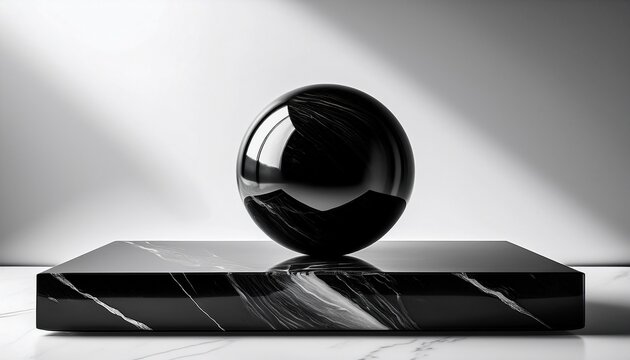 glossy black marble sphere balanced on a suspended black marble slab over a soft shadow on a white background minimalist serene and balanced composition