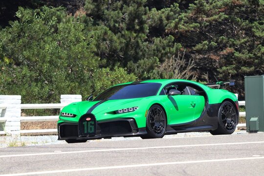 Monterey, California, USA - August 14, 2026: Green Bugatti Chiron Pur Sport hypercar during Monterey Car Week