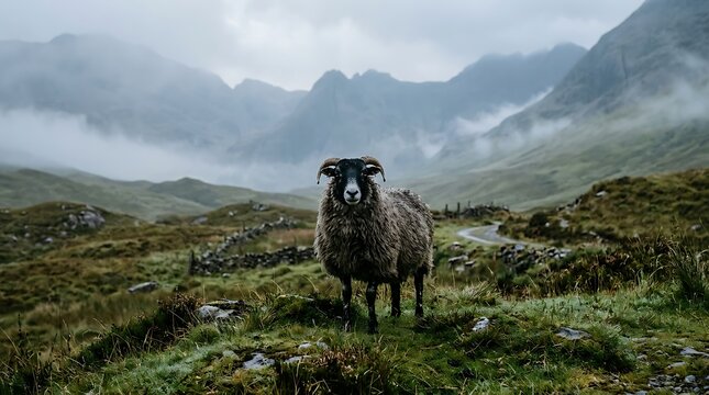 Scottish Blackface Ram in Misty Highlands Landscape
