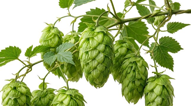 Fresh green hop cones on vine branch isolated on white background