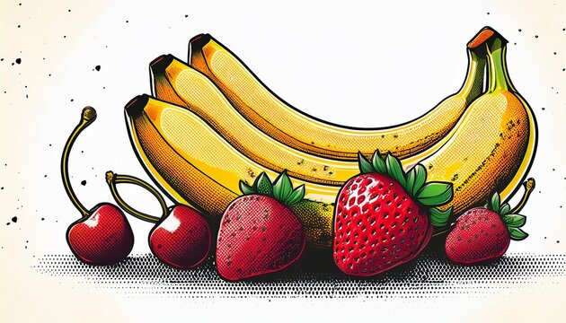halftone of strawberry cherries bananas in grunge style on white background