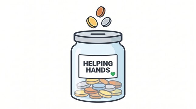 Helping Hands donation jar with coins, charity fund glass container, financial aid and community support concept