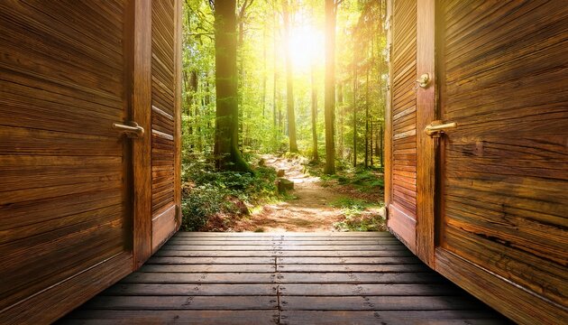open wooden door leading to a sunlit forest path