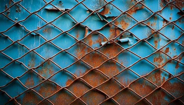 rusty metal grid with peeling blue paint grunge steel mesh and industrial texture