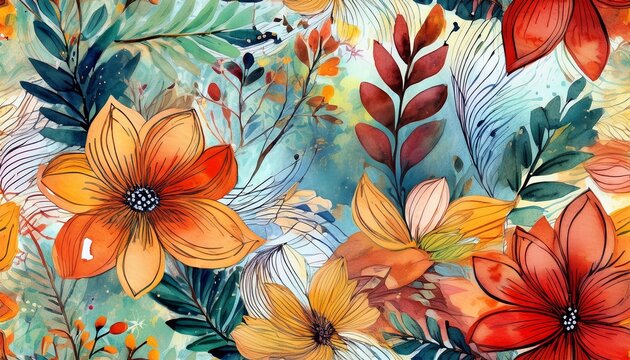 seamless floral pattern with abstract grunge textured watercolor flowers and plants
