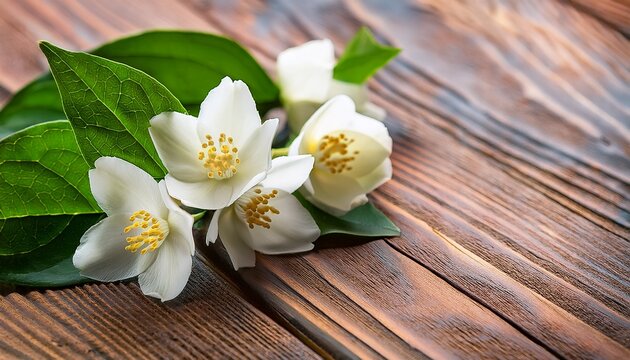 white jasmine flowers with green leaves on rustic wooden surface